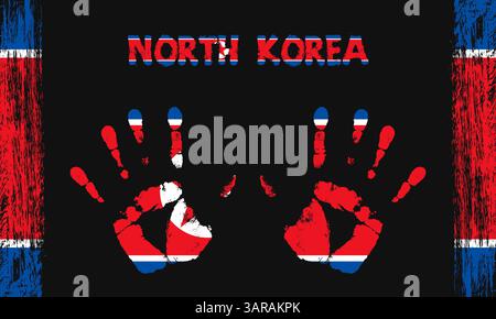 Vector flag of North Koreain the form of peaceful palms with text and brush strokes on a black background Stock Vector