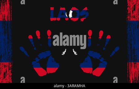 Vector flag of Laos in the form of peaceful palms with text and brush strokes on a black background Stock Vector