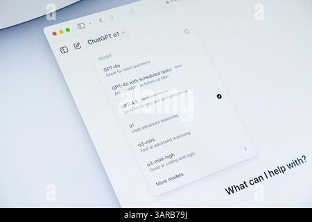 Poznan, Poland – April 14, 2025: Close-up of ChatGPT web interface showing dropdown menu with model options like GPT-4.0, GPT-4.5, and mini versions f Stock Photo
