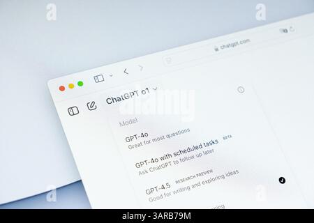Poznan, Poland – April 14, 2025: Close-up of ChatGPT model selection menu featuring GPT-4.0 and GPT-4.5, with browser controls and clean minimal UI in Stock Photo