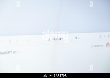Poznan, Poland – April 14, 2025: Minimal web browser interface showing secure HTTPS connection to chatgpt.com with soft white background and clean mod Stock Photo
