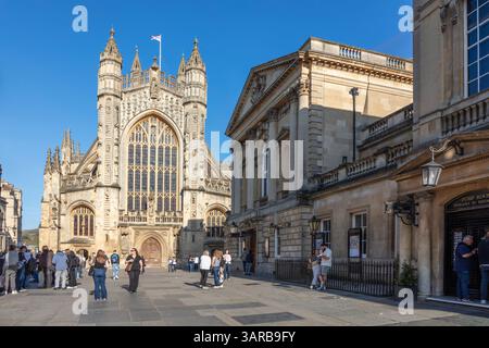 Bath Abbey and the Pump Room facade, Bath, Somerset, England, United Kingdom, Europe Stock Photo
