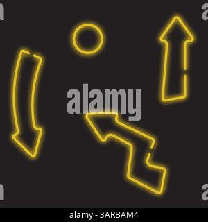 Vector set of yellow glowing neon arrows on black background. Gold pointers. Bright retro light symbol. Emblem for club or bar. Light arrow banner. De Stock Vector