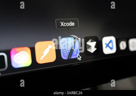 Poznan, Poland – April 14, 2025: Close-up of Xcode icon in the dock of a macOS desktop, highlighting a key IDE tool used for building iOS and macOS ap Stock Photo