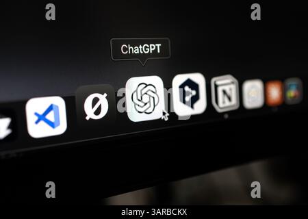 Poznan, Poland – April 14, 2025: Close-up of ChatGPT app icon in the macOS dock, highlighting a modern AI-powered chatbot interface used for communica Stock Photo