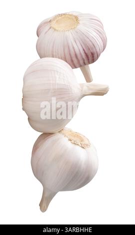 Side view of three white garlic bulbs in stack is isolated on white background with clipping path. Stock Photo