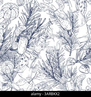 Christmas collection with tangerines, sweets, spices, champagne and plants. Graphic illustration hand drawn in black ink. Seamless pattern EPS vector. Stock Vector