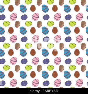 Seamless pattern of simple colorful decorated Easter eggs on a white background. Cartoon flat style. Perfect for wrapping paper, wallpaper, and gift b Stock Vector