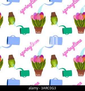 Seamless pattern with 3D elements featuring blooming tulips, watering cans, potted plants, cactus, and - springtime and Happy Easter - text on a white Stock Vector