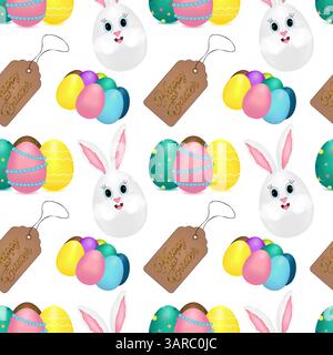 Festive seamless pattern with 3d anthropomorphic characters featuring anthropomorphic smiling Easter bunnies eggs, colorful decorated and painted eggs Stock Vector