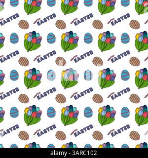 Seamless pattern with multicolored of spring tulip bouquets, ornate Easter eggs, and - Happy Easter - text on white background. Cartoon flat style. Pe Stock Vector