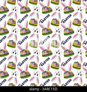 Colorful seamless pattern featuring a white Easter bunnies face, decorated eggs in grass, bunny ears, and - Happy Easter - text on a white background. Stock Vector