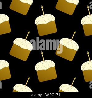 Seamless pattern featuring traditional religious Easter cake - kulich - with white icing, sprinkles, and lit candles on a black background. Cartoon fl Stock Vector