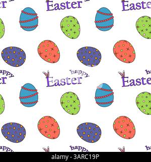 Seamless pattern featuring decorated Easter eggs and - Happy Easter - text on a white background. Cartoon and flat style. Perfect for wrapping paper, Stock Vector