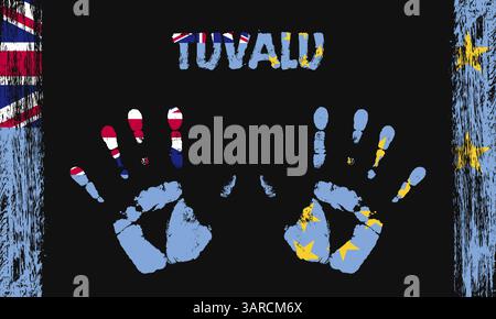 Vector flag of Tuvalu in the form of peaceful palms with text and brush strokes on a black background Stock Vector