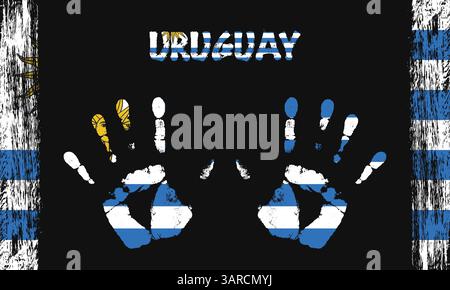 Vector flag of Uruguay in the form of peaceful palms with text and brush strokes on a black background Stock Vector