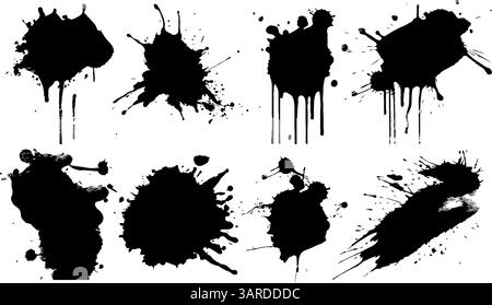 Collection of black ink splatters with dripping effects and splashes in grunge style on white background, concept of mess or creativity Stock Vector