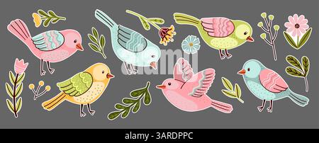 Pastel Fantasy Birds and Plants Sticker Set Stock Vector