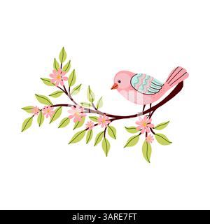 Fantasy Bird Sitting on Flowering Branch Stock Vector