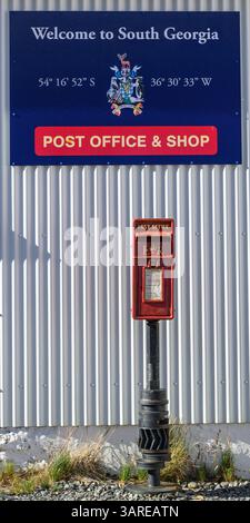 The Welcome to South Georgia sign and Post Office box in Grytviken, South Georgia Island. Stock Photo