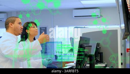 Image of chemical formulas and data processing over diverse male and female lab workers Stock Photo