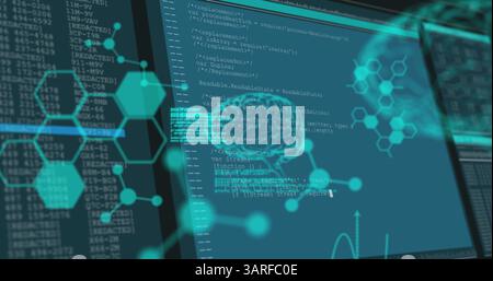 Image of brains over data processing Stock Photo