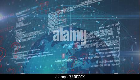 Image of question marks, data processing and malware text over globe Stock Photo
