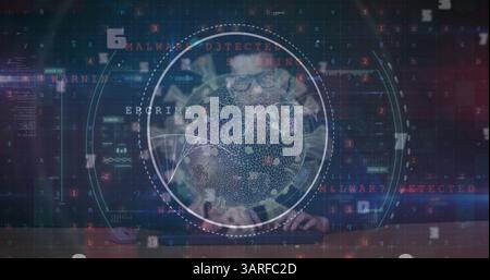 Image of scope scanning and virus cell over caucasian man using computer Stock Photo