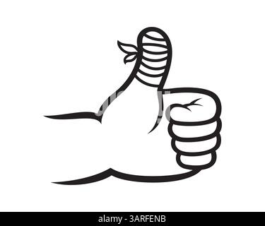 Like or Thumb's Up Hand Gesture with Bandage Silhouette Style Stock Vector