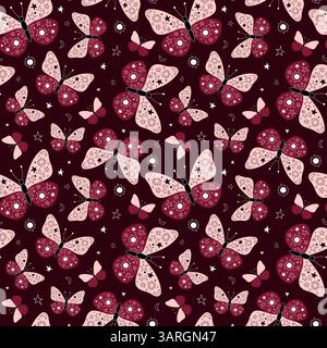 Butterflies abstract seamless pattern. Moths with doodle ornament on wings, sun, moon, stars. Illustrated whimsical insects on dark red background Stock Vector