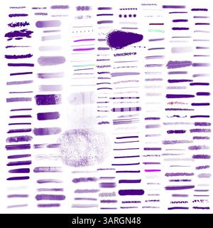 Collection of hand-painted purple brush strokes and texture samples arranged as a modern abstract design background Stock Photo