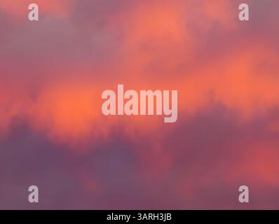 Soft pastel sunset sky with pink, orange, and purple clouds slowly drifting in the evening light. Peaceful and dreamy atmosphere, perfect for background, meditation, nature scenes, or romantic visuals Stock Photo