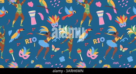 Traditional Brazil carnival. Seamless pattern with masks, bird, dancing people in costume, doodle elements Stock Vector