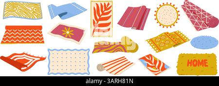 Cozy home floor carpets: round, square, and rectangular rugs with fringes. Decorative patterned mats for living room and bedroom. Stock Vector
