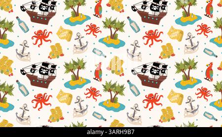 Cartoon pirate seamless pattern. Abstract background with pirate boat, Jolly Roger skulls, crossbones, octopus, parrot, anchor and other nautical symb Stock Vector