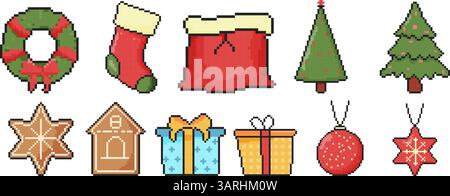 Christmas icon set. Pixel art object in 8 bit style. Socks, gift boxes, gingerbreads, toys, santa bag, wreath Stock Vector