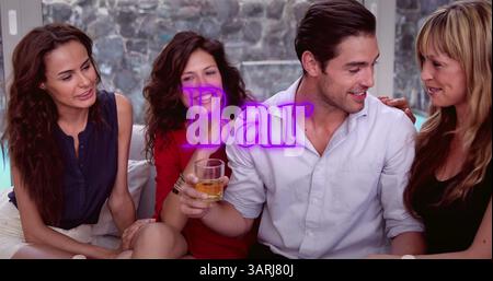 Image of bar text over happy diverse friends with drinks Stock Photo