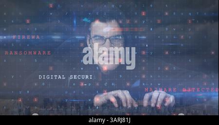 Image of caucasian male hacker and cyber attack warning over cityscape Stock Photo
