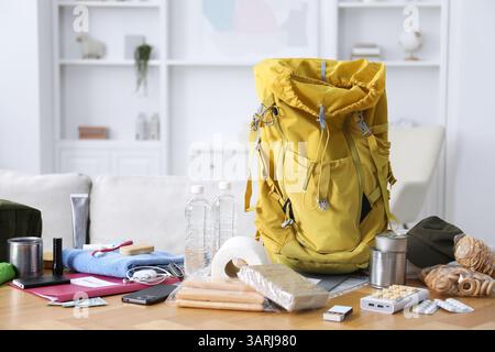Survival kit. Different emergency supplies on wooden table indoors Stock Photo