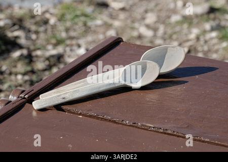 two unfinished wooden spoons, Lukomir, Bosnia and Herzegovina Stock Photo