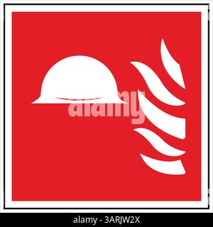 Fire blanket sign with white stylized helmet and flames on red background, indicating location of fire safety equipment Stock Vector