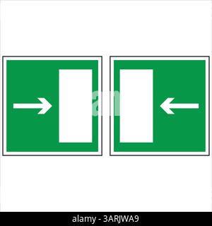 Pair of emergency exit signs indicating sliding door opening directions with white arrows on a green background Stock Vector