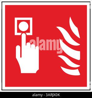 Hand activating fire alarm button on red background with fire symbol, indicating procedure during fire emergency Stock Vector