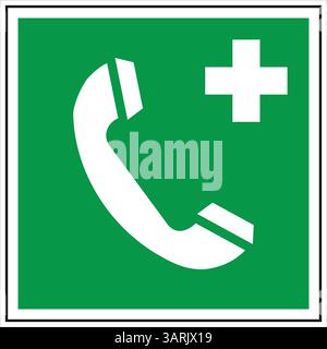 Green and white first aid sign representing a telephone receiver and a medical cross symbolizing emergency communication Stock Vector
