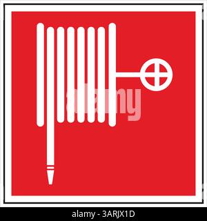 White fire hose reel sign on red background indicating location of firefighting equipment for building safety and fire prevention Stock Vector