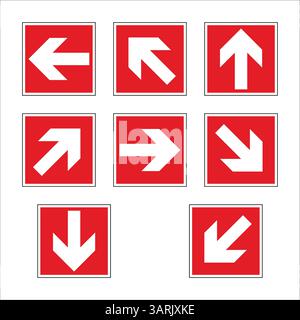 Set of nine red and white emergency exit signs indicating various escape routes Stock Vector