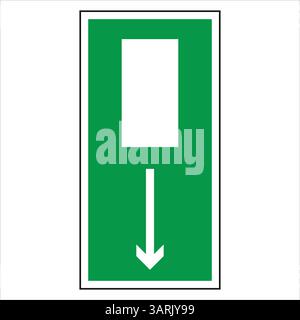 Green emergency exit sign with white arrow pointing downwards, indicating the escape route in case of fire or other emergencies Stock Vector