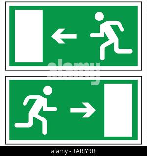 Green emergency exit signs indicating escape routes with running person and arrows Stock Vector