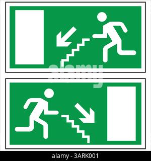 Green emergency exit signs indicating escape routes with stairs and running people, essential for safety and evacuation guidance Stock Vector