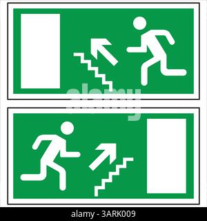 Two green emergency exit signs indicating escape route via stairs Stock Vector
